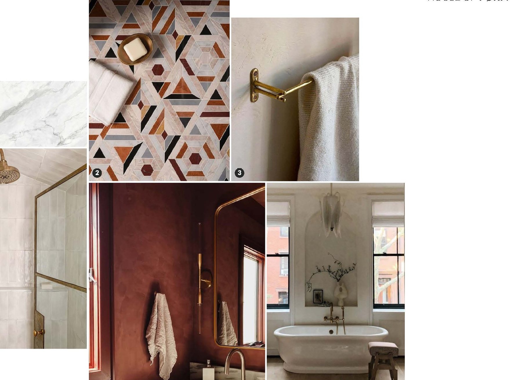 Baths: patterned tile, marble, unlacquered brass