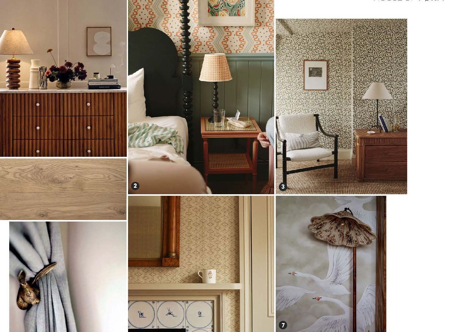 Bedrooms: floral papers, painted beds, brass reading lights
