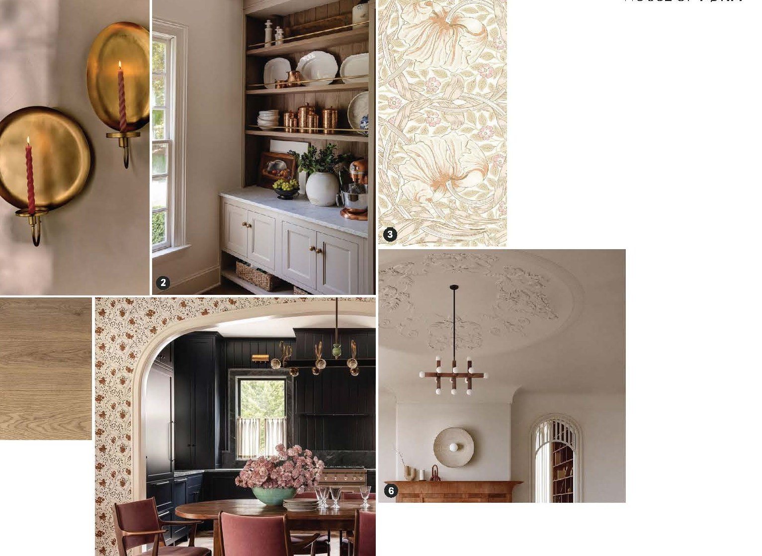The dining room: floral wallpaper, painted paneling, a long table