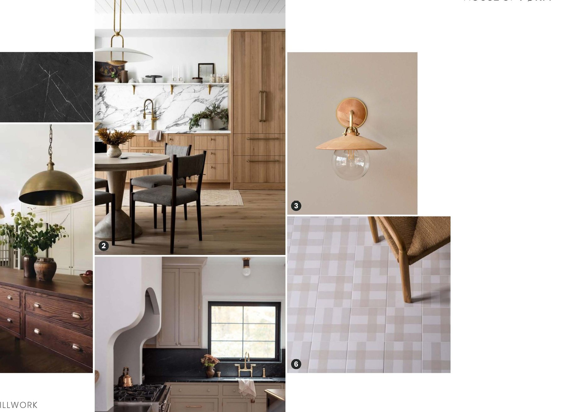 The kitchen: black stone, white cabinets, brass