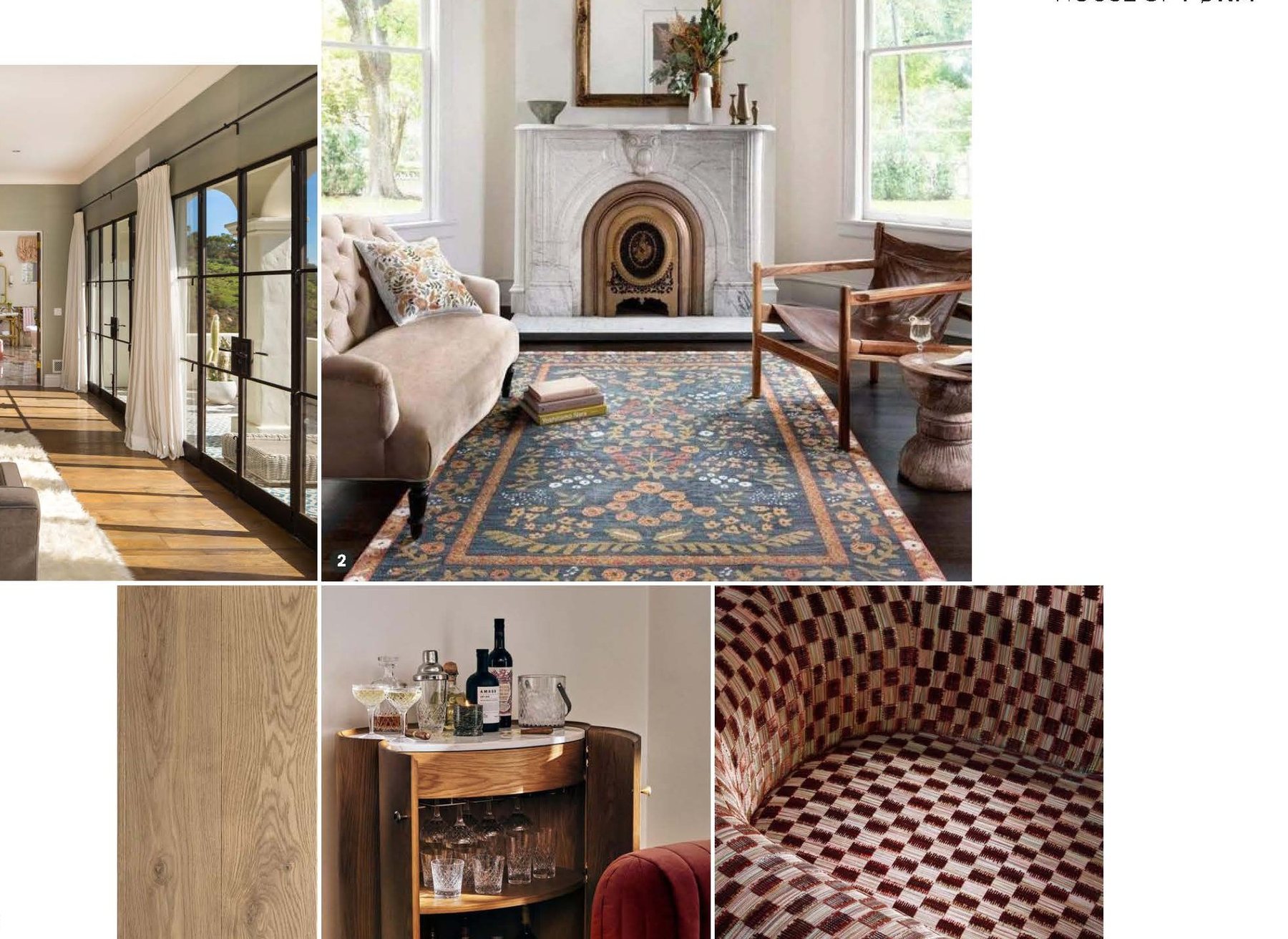 The living room: a fireplace, a bar cart, a patterned rug and reading chairs