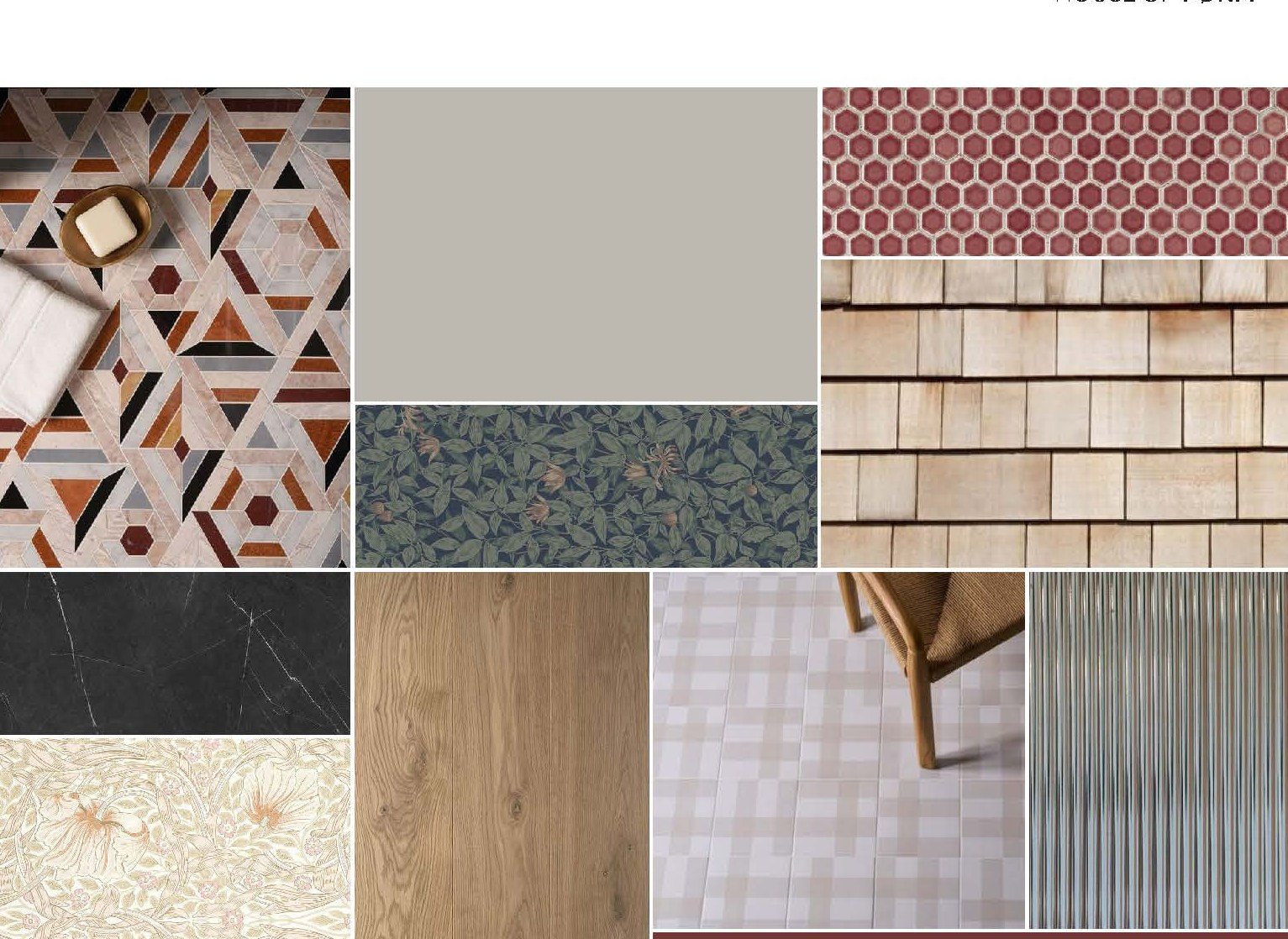 Materials: herringbone oak, deep green, terracotta, checkerboard