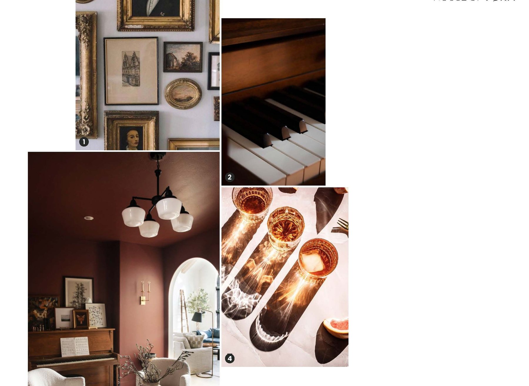 The parlour: a gallery wall, deep colours, a piano